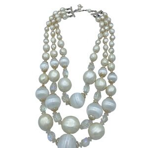 Vintage multi strap beaded 50s necklace with faux pearls crystal beads